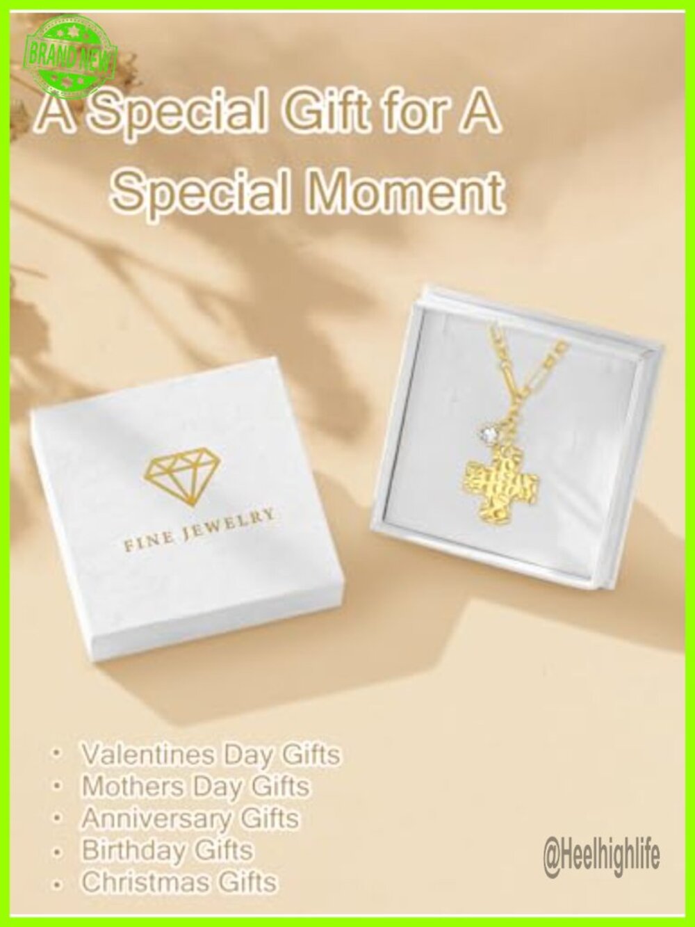 14K Gold Plated Hammered Cross Pendant Necklace - Diamond Birthstone Charm - Picture 5 of 6